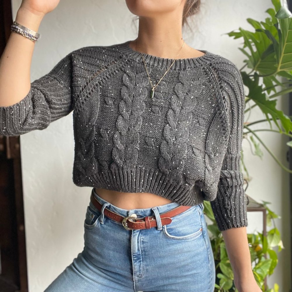 Poof! | Gray Confetti Knit Cropped Sweater